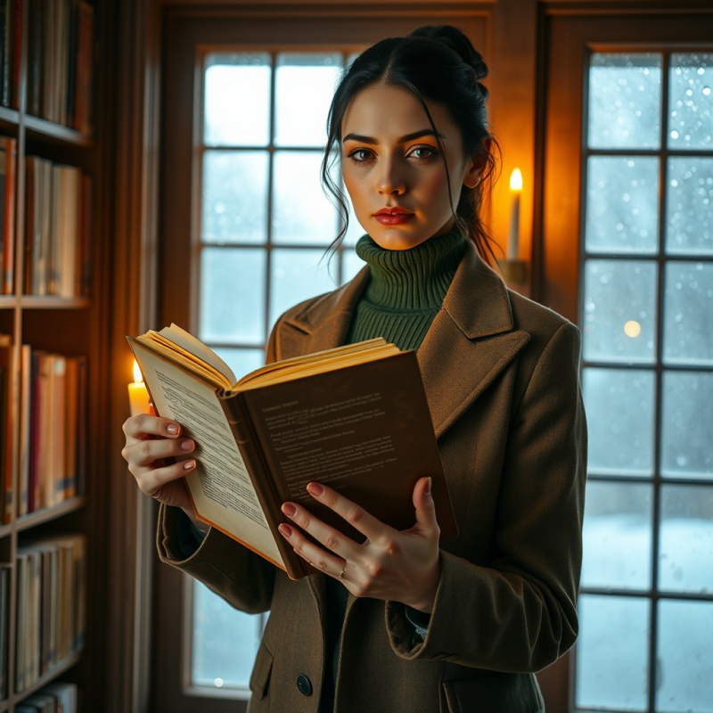 Model with Ink-stained Fingertips Cradles an Open Leath...