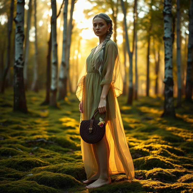 Model with Silver-streaked Braids Draped in a Transluce...