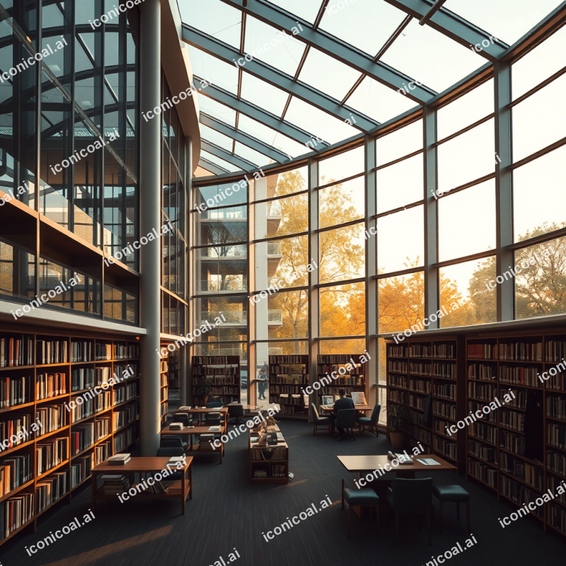 Modern Library Interior With Floor-to-ceiling Windows And...