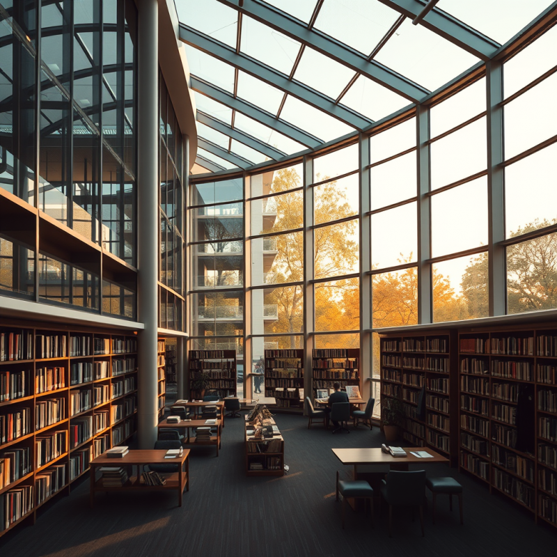 Modern Library Interior with Floor-to-ceiling Windows And...