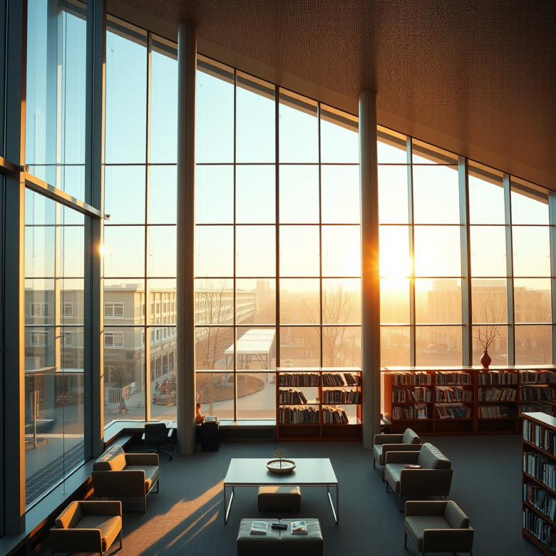 Modern Library Interior with Floor-to-ceiling Windows And...