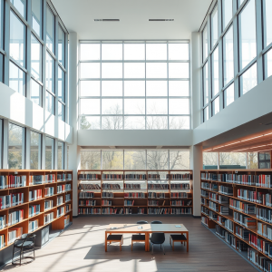 Modern Library Interior With Floor-to-ceiling Windows And...