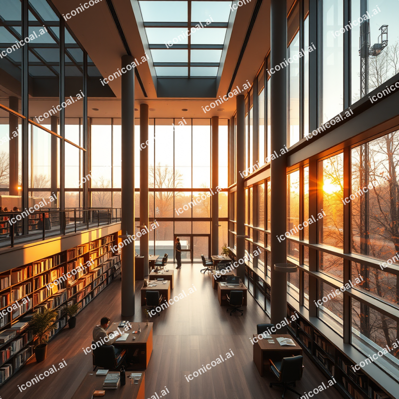 Modern Library Interior With Floor-to-ceiling Windows And...