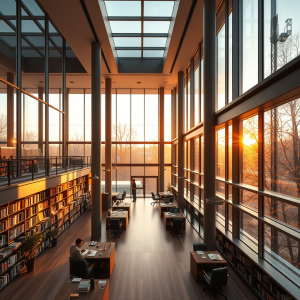 Modern Library Interior With Floor-to-ceiling Windows And...