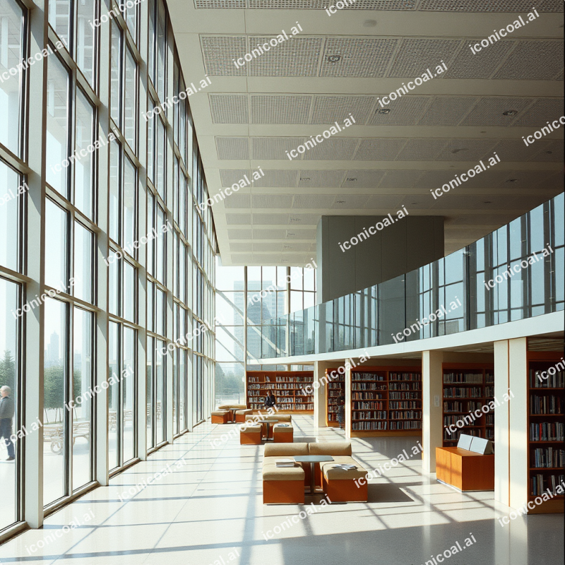 Modern Library Interior With Floor-to-ceiling Windows And...