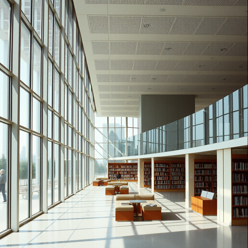 Modern Library Interior with Floor-to-ceiling Windows And...