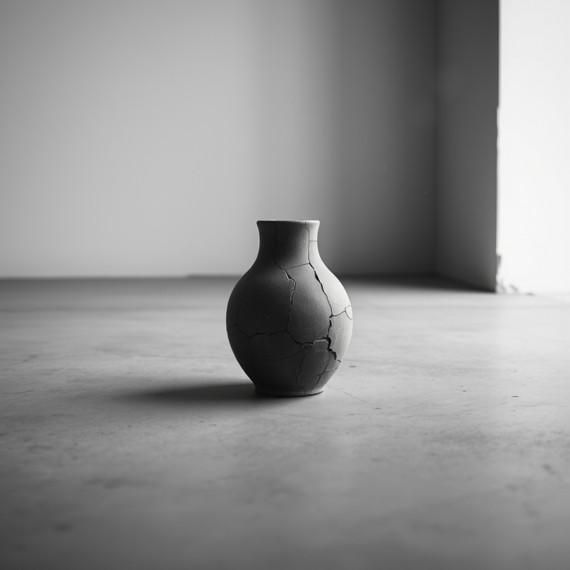 Monochrome Cracked Ceramic Vase Sits Alone on a
