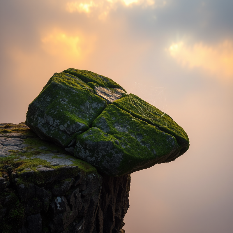 Moss-covered Boulder Precariously Balances on a