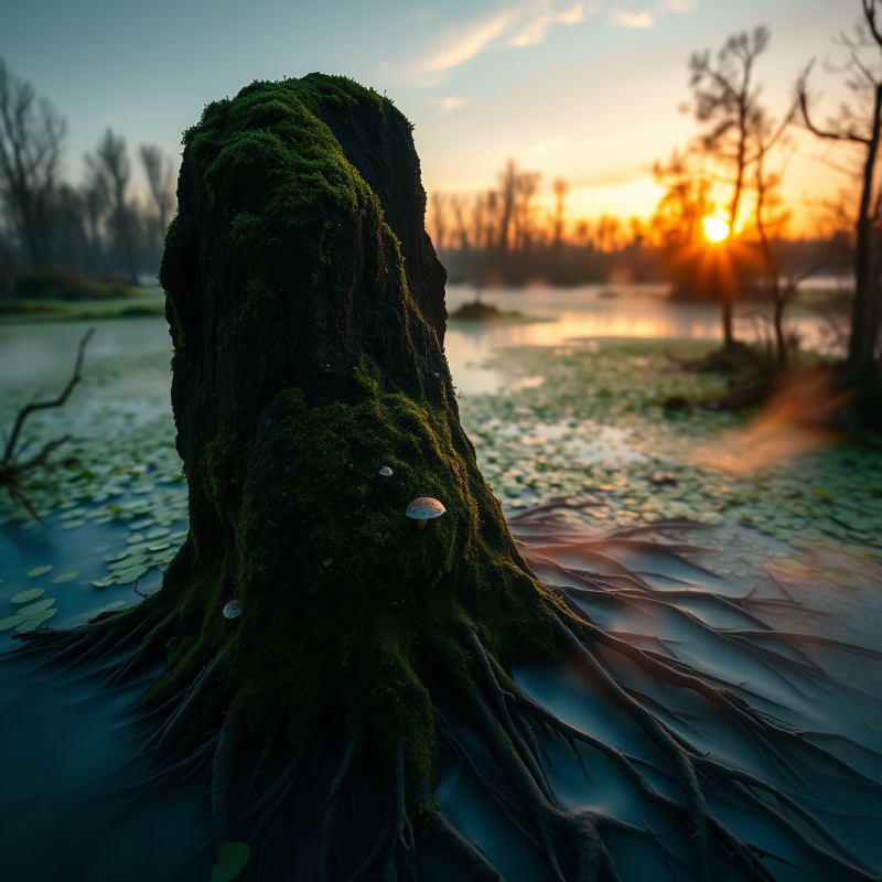 Moss-covered Tree Stump Emerges from Calm Water at