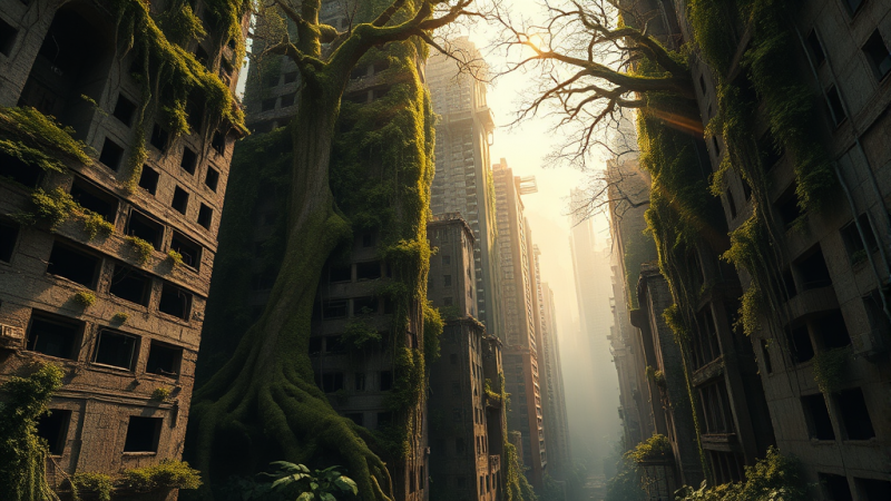 Moss-covered Trees in Abandoned City Alley