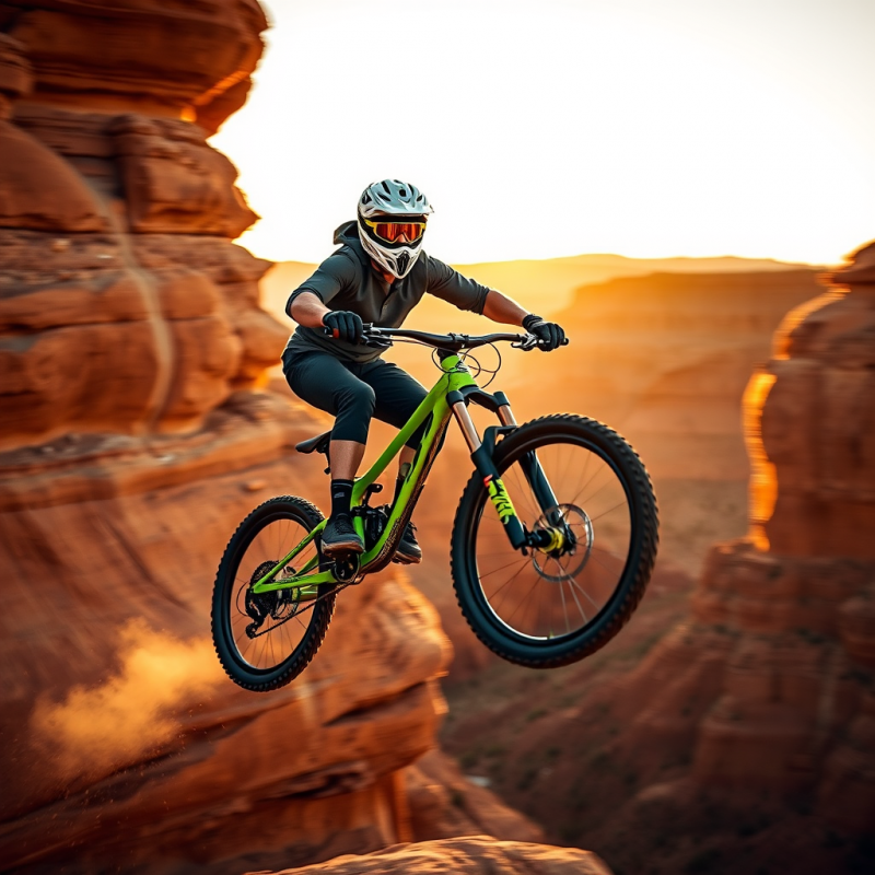Mountain Biker Mid-air After a Daring Jump Over a Rust-...
