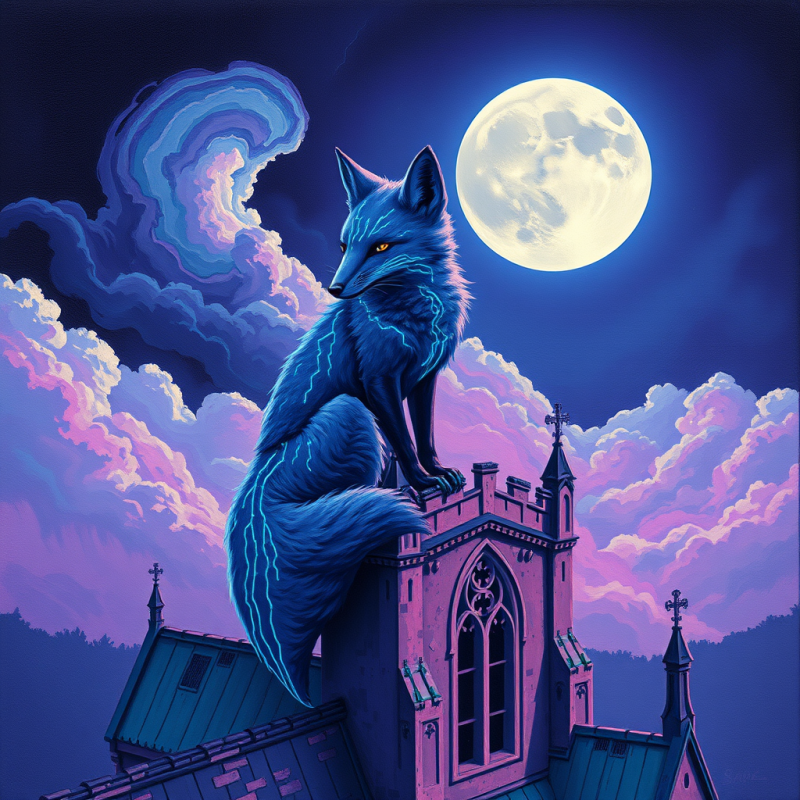 Mystical Blue Fox with Glowing Eyes Perches Atop a