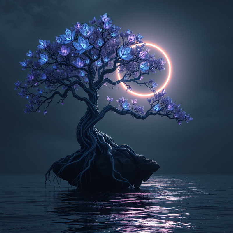 Mystical Tree with Glowing Blue Leaves Stands Alone