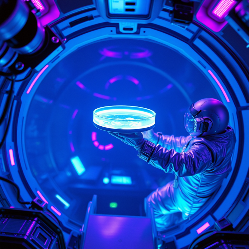 Neon-blue Glowing Petri Dish Floats Mid-air in Zero Gra...