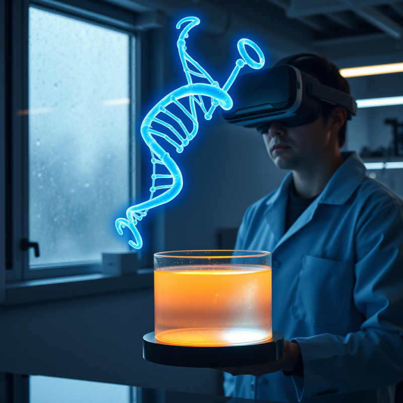 Neon-blue Holographic Dna Strand Floats Mid-air Above A...