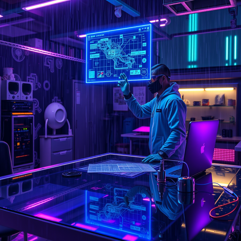 Neon-blue Holographic Interface Floats Above a Glass De...