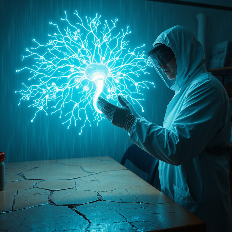 Neon-blue Holographic Neural Network Floating Above a C...