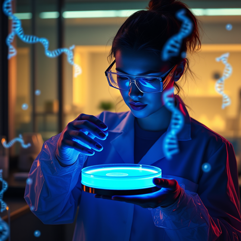 Neon-blue-hued Lab Technician in a Transparent Bioplast...
