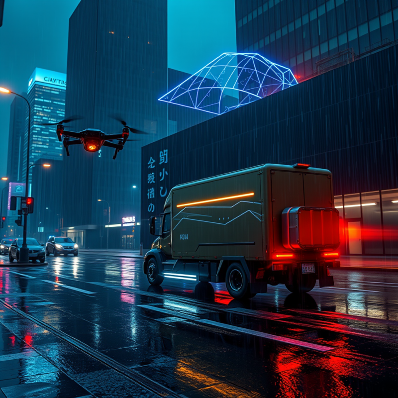 Neon-drenched Autonomous Delivery Truck Glides Silently...