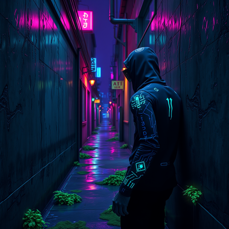 Neon-drenched Cyberpunk Alleyway at Midnight
