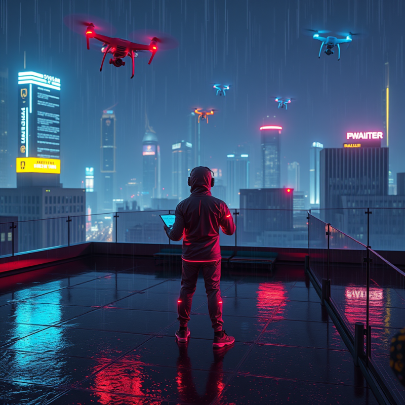 Neon-drenched Cyberpunk Rooftop at Midnight Where a Lon...