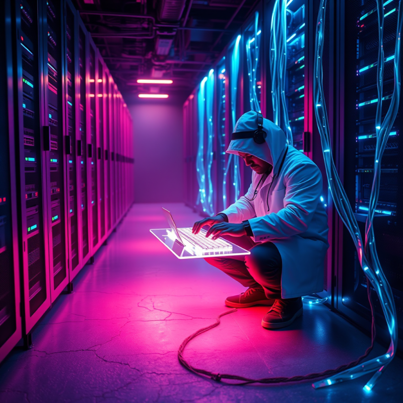 Neon-drenched Server Rack Pulses with Rhythmic Blue And...