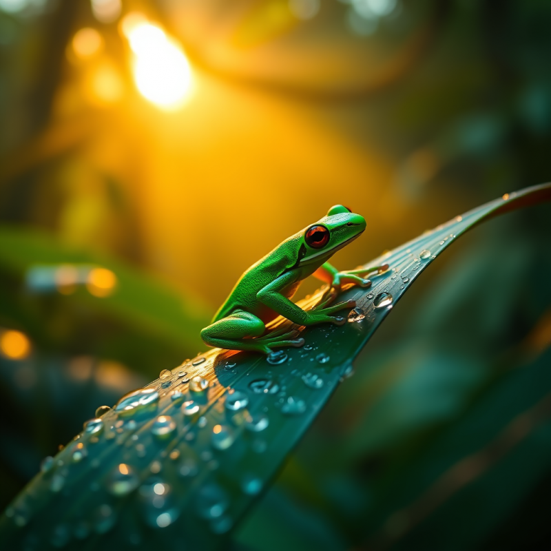 Neon-green Dart Frog Perched Precariously on a Dew-cove...