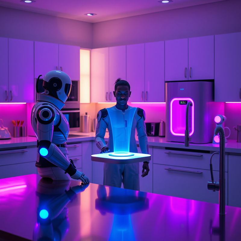 Neon-illuminated Smart Kitchen Where a Person in Futuri...