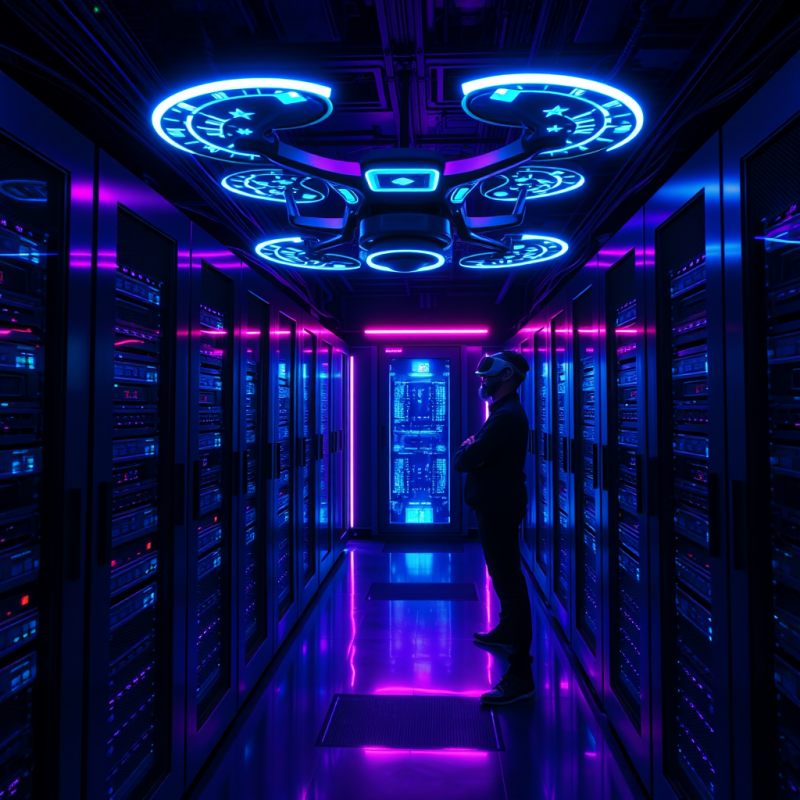 Neon-lit Midnight Server Room with Holographic Ai Inter...