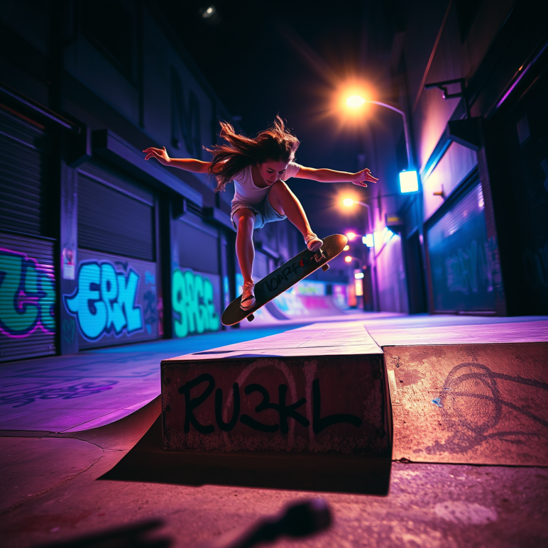 Neon-lit Midnight Skatepark in an Urban Alley