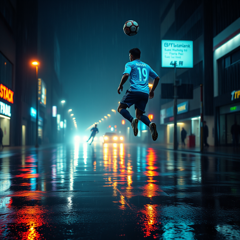 Neon-lit Midnight Soccer Match on a Wet