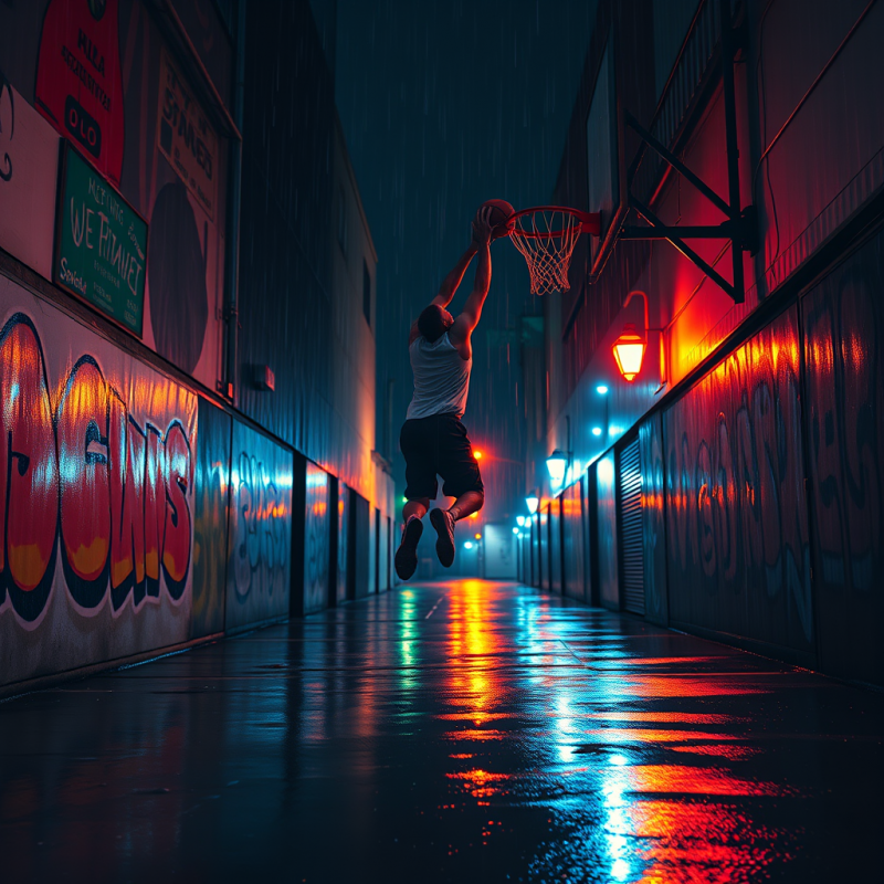 Neon-lit Midnight Street Basketball Game in a Rain-slic...