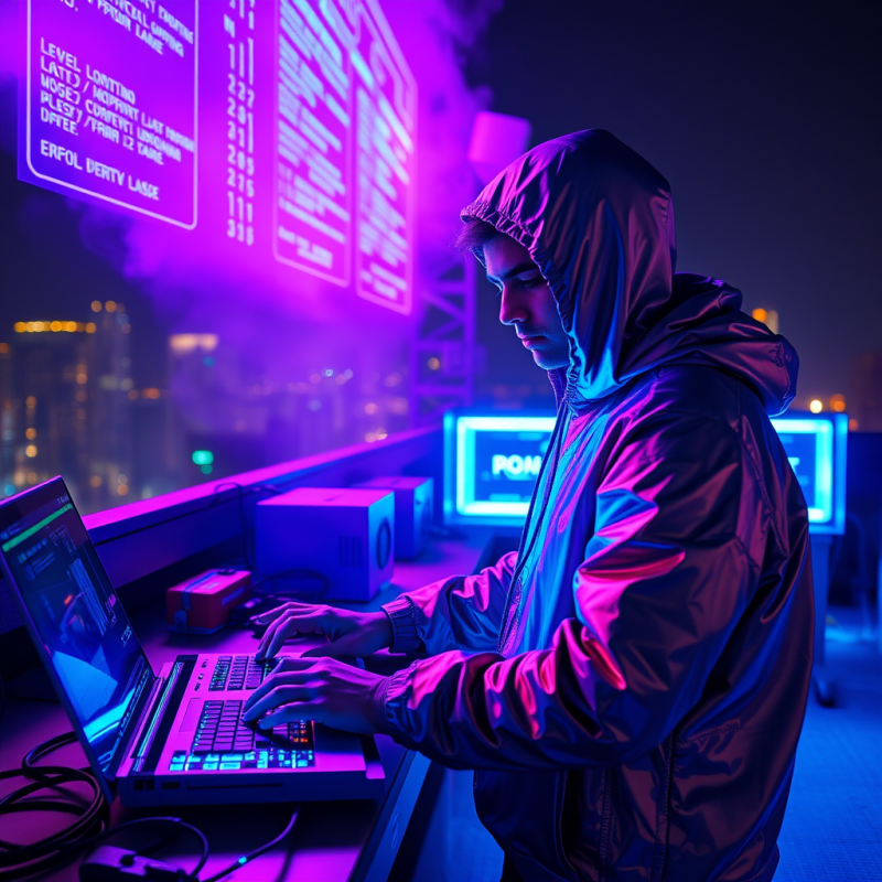 Neon-lit Rooftop Lab at Night