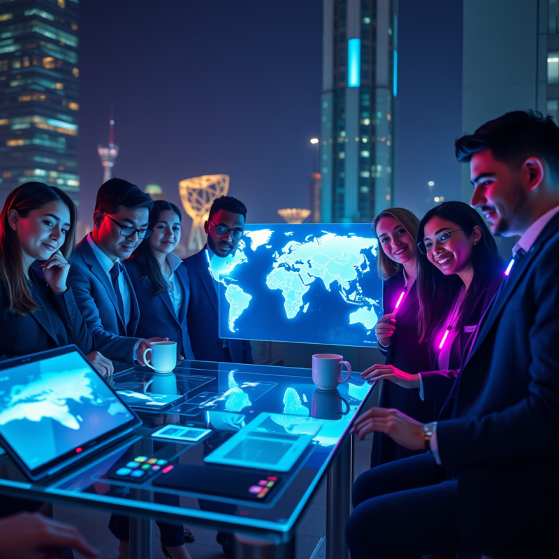 Neon-lit Rooftop Office at Midnight