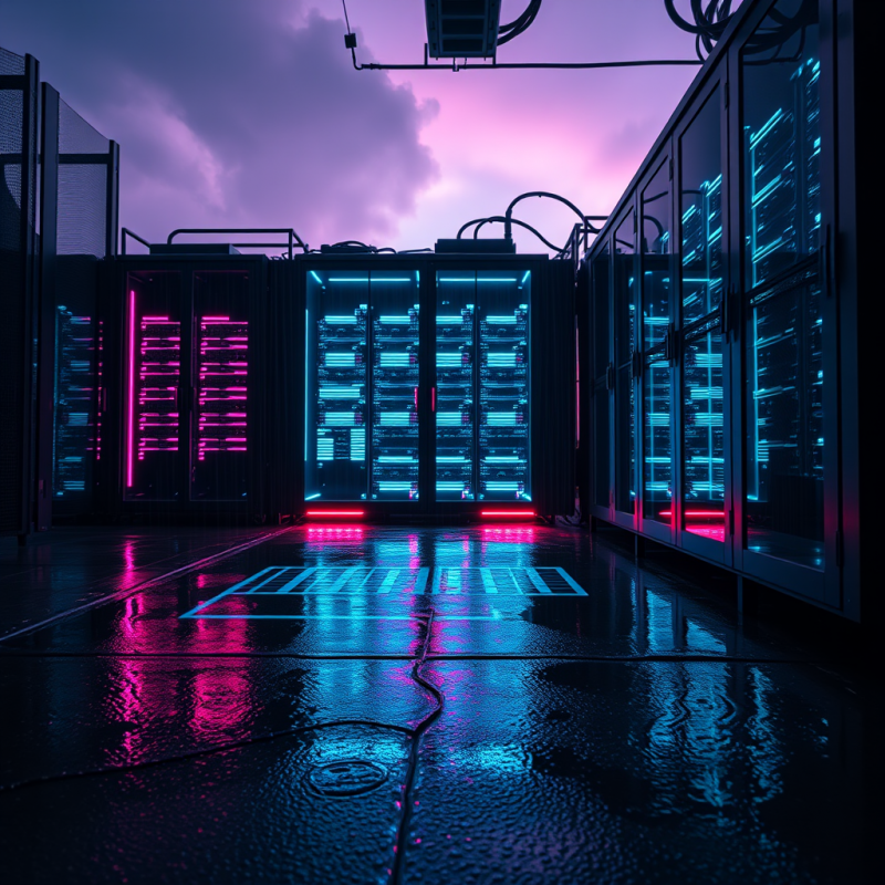 Neon-lit Server Rack Glowing with Pulsing Cyan and Mage...