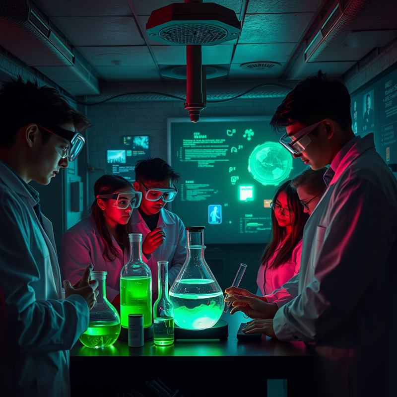 Neon-lit Underground Science Lab at Midnight