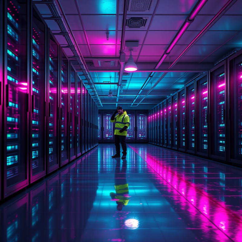 Neon-lit Underground Server Farm with Rows of Humming