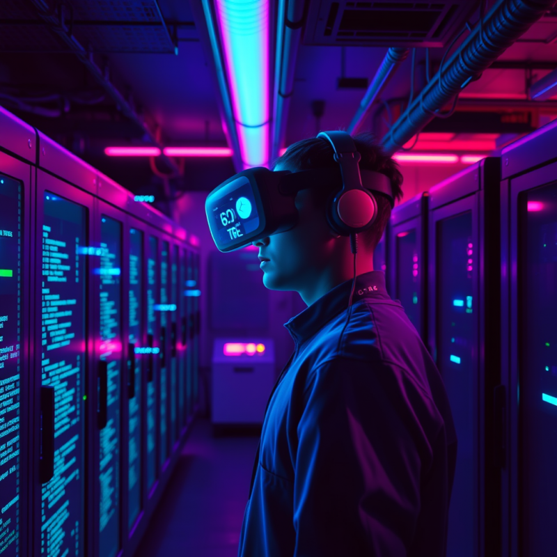 Neon-lit Underground Tech Lab Where a Person in a Holog...