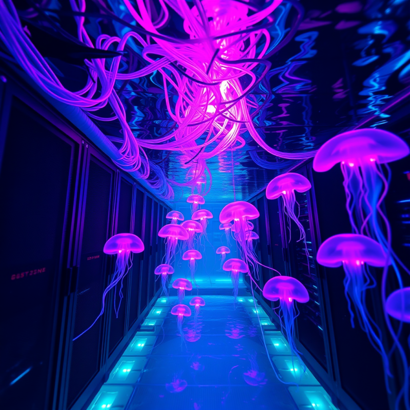 Neon-lit Underwater Data Center with Translucent Cables...