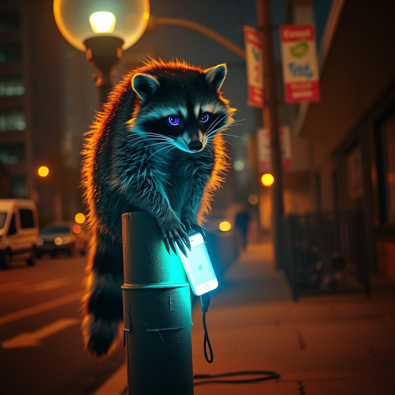 Neon-lit Urban Raccoon Perched Atop a Flickering Street...