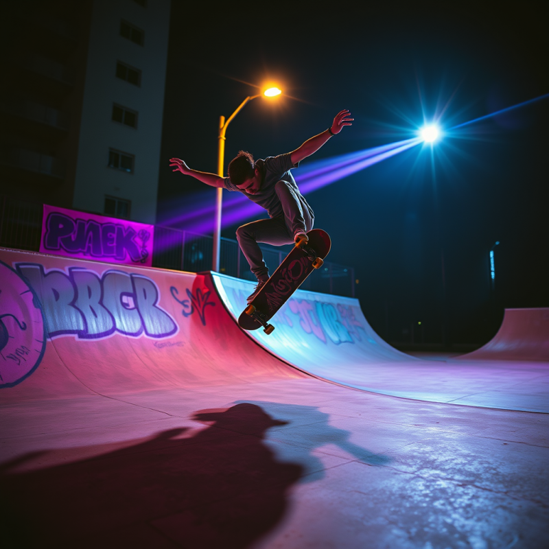 Neon-lit Urban Skatepark at Midnight