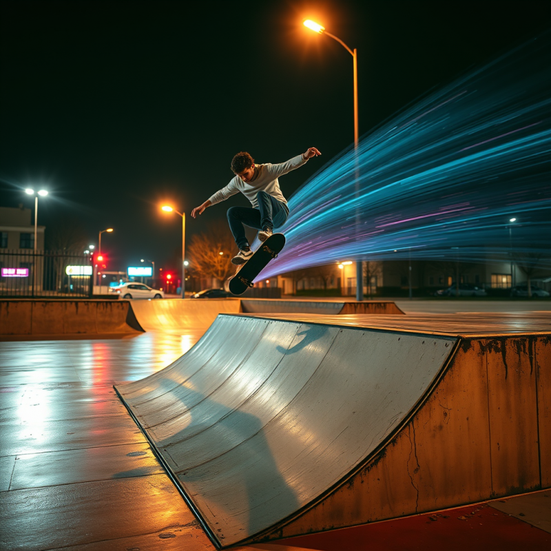 Neon-lit Urban Skatepark at Midnight