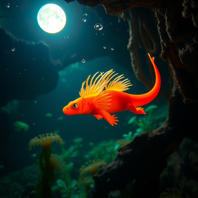 Neon-orange Axolotl with Bioluminescent Gills Glows Und...