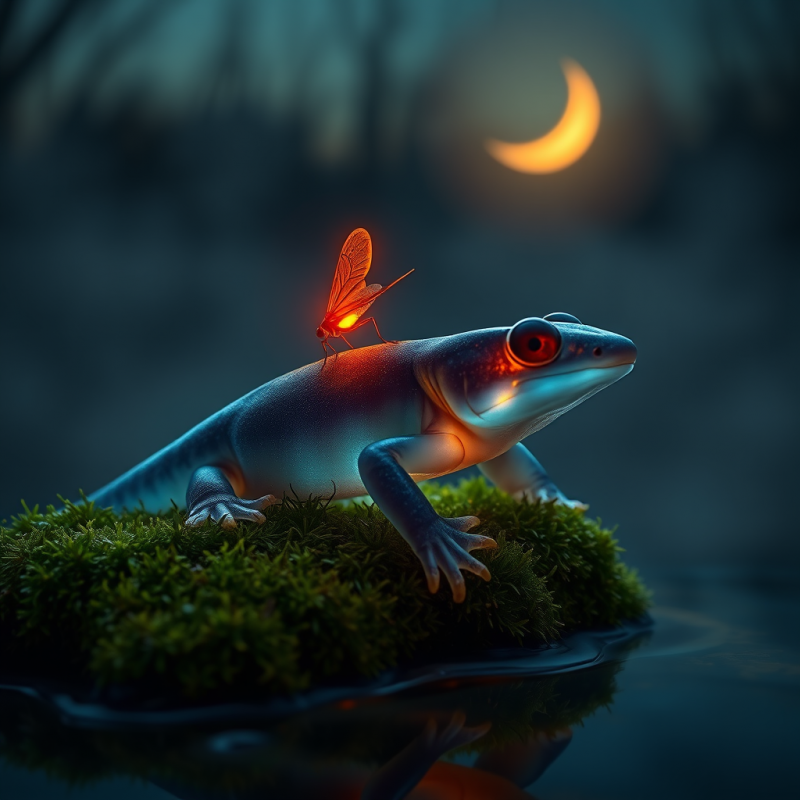 Neon-orange Firefly Perches on the Mossy Back of a Tran...