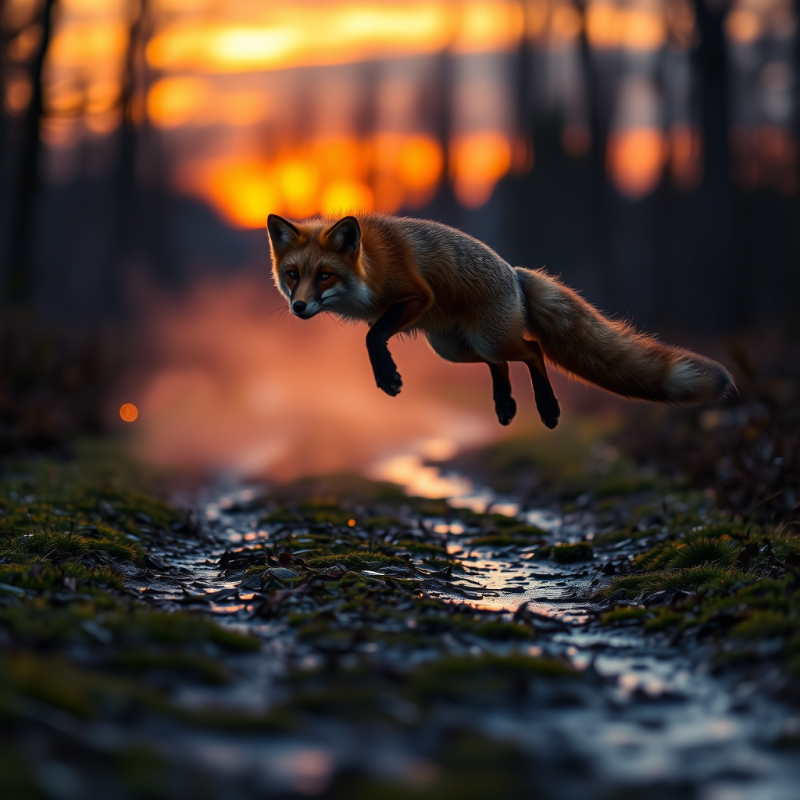 Neon-orange Fox in Mid-leap Across a Dew-slicked Forest...