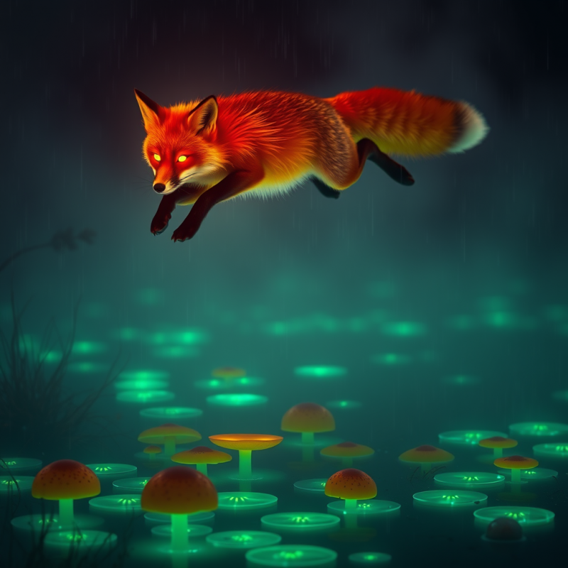 Neon-orange Fox with Glowing Amber Eyes Leaps Mid-air O...