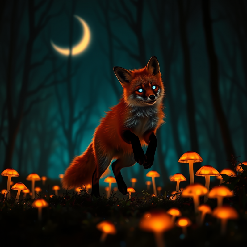 Neon-orange Fox with Iridescent Fur Silhouetted Against...