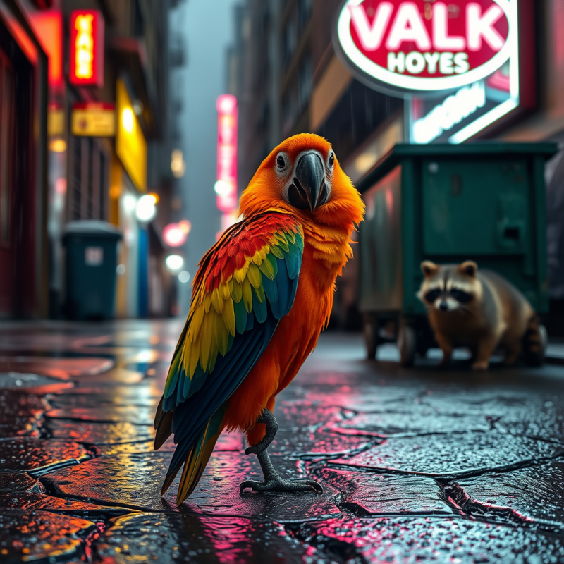 Neon-orange Macaw Perched Sideways on a Cracked Asphalt...