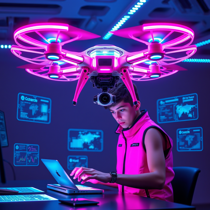 Neon-pink Ai Drone Hovers Mid-air Above a Glowing Holog...