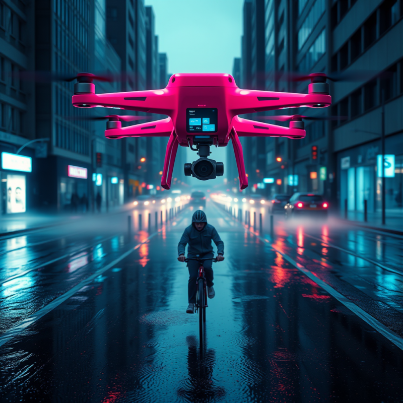 Neon-pink Autonomous Delivery Drone Hovers at Dusk Abov...
